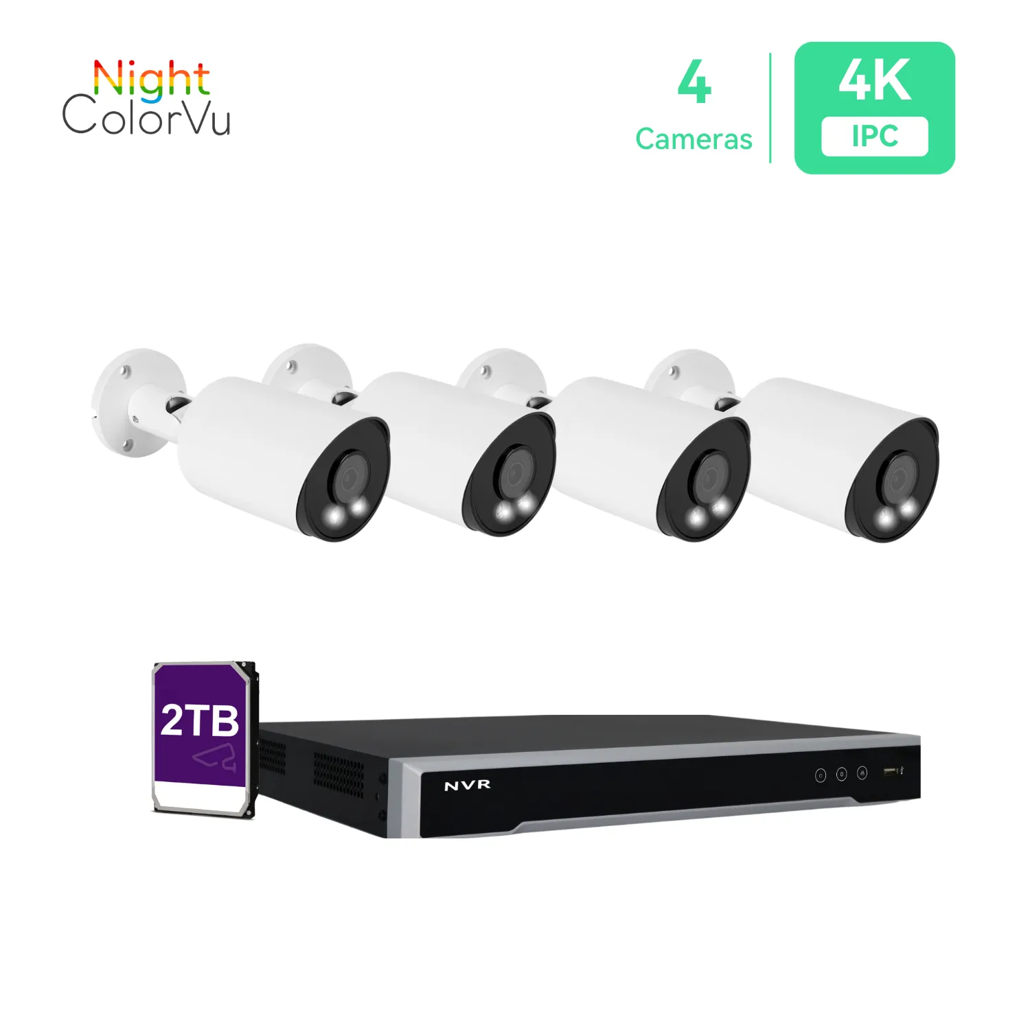 8 Channel 4K NVR PoE IP Camera System H.265  8 Channel 4K NVR and 4 Pcs 8MP Colorful Night View PoE Bullet Security Cameras With 2TB HDD