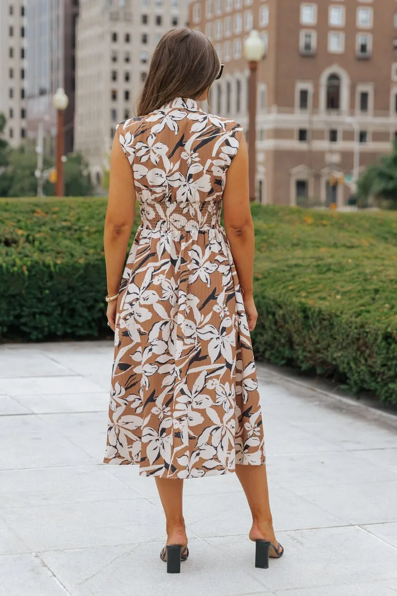 Brown Floral Zip Up Midi Dress - FINAL SALE