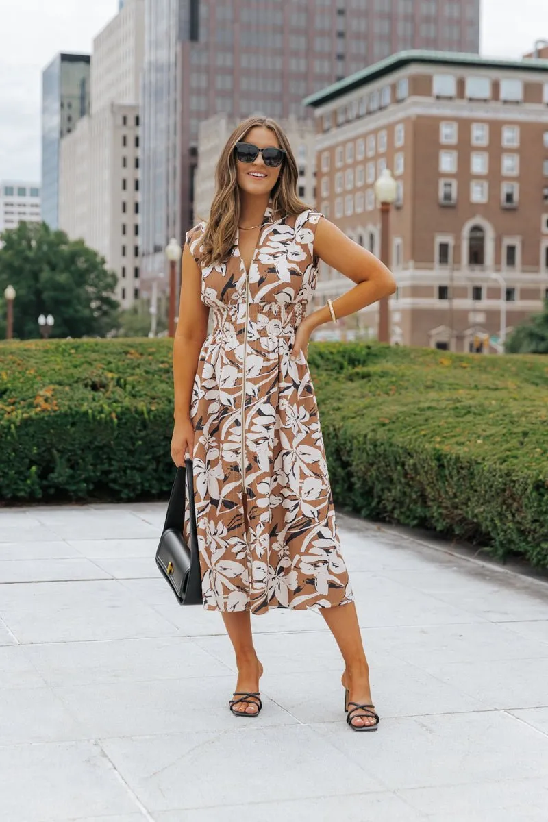 Brown Floral Zip Up Midi Dress - FINAL SALE