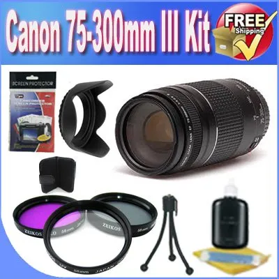 Canon EF 75-300mm f/4-5.6 III Telephoto Zoom Lens for Canon SLR Cameras   3 Piece Professional Filter Kit   Lens Hood   Accessory Saver Bundle