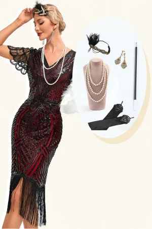 Sparkly Fringes Burgundy 1920s Dress with Accessories Set