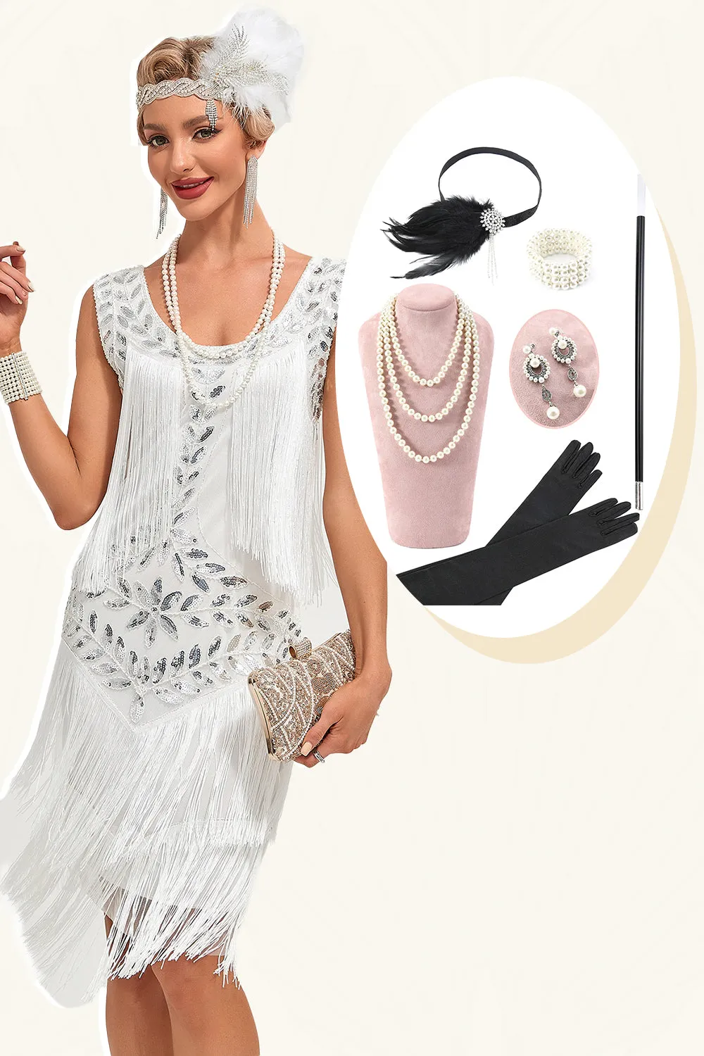 White Sequins Fringes Flapper Dress with Accessories Set